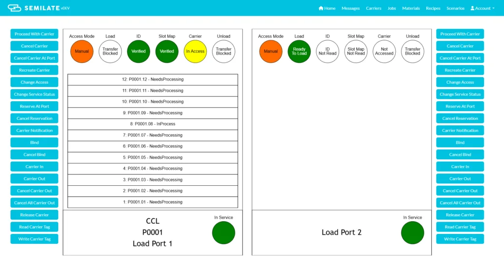 Visualization of load port and carrier statuses in Semilate's SECS/GEM host simulation interface.