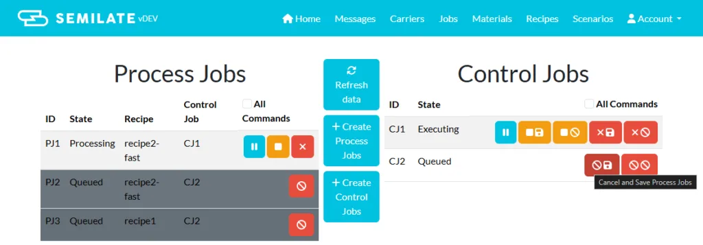 Management interface for active Process Jobs and Control Jobs in Semilate's SECS/GEM simulator.