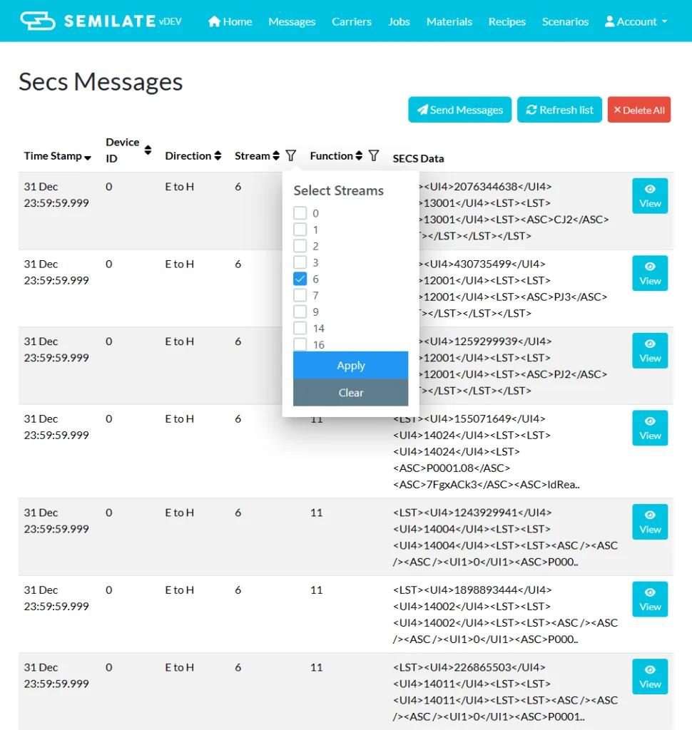 SECS message log with header columns, parts of the SECS data and filtering options.