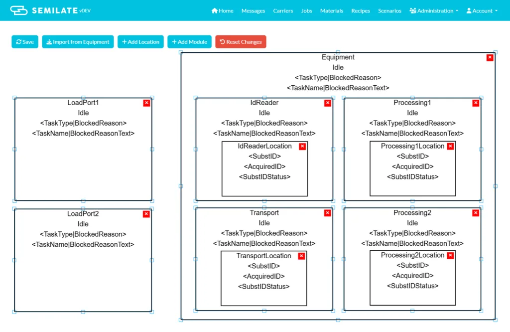 Visualization of substrates, locations, and modules within Semilate's equipment state monitoring.