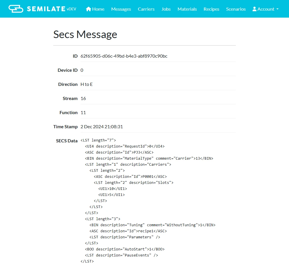 Annotated SECS message details for detailed analysis