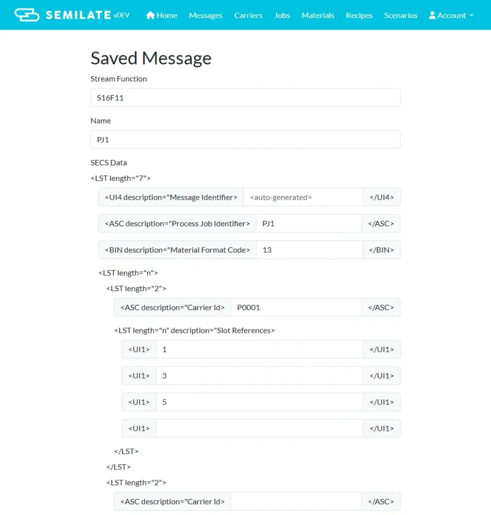 Saved SECS message configuration in Semilate, showing the SMN message structure with editable fields for customization.