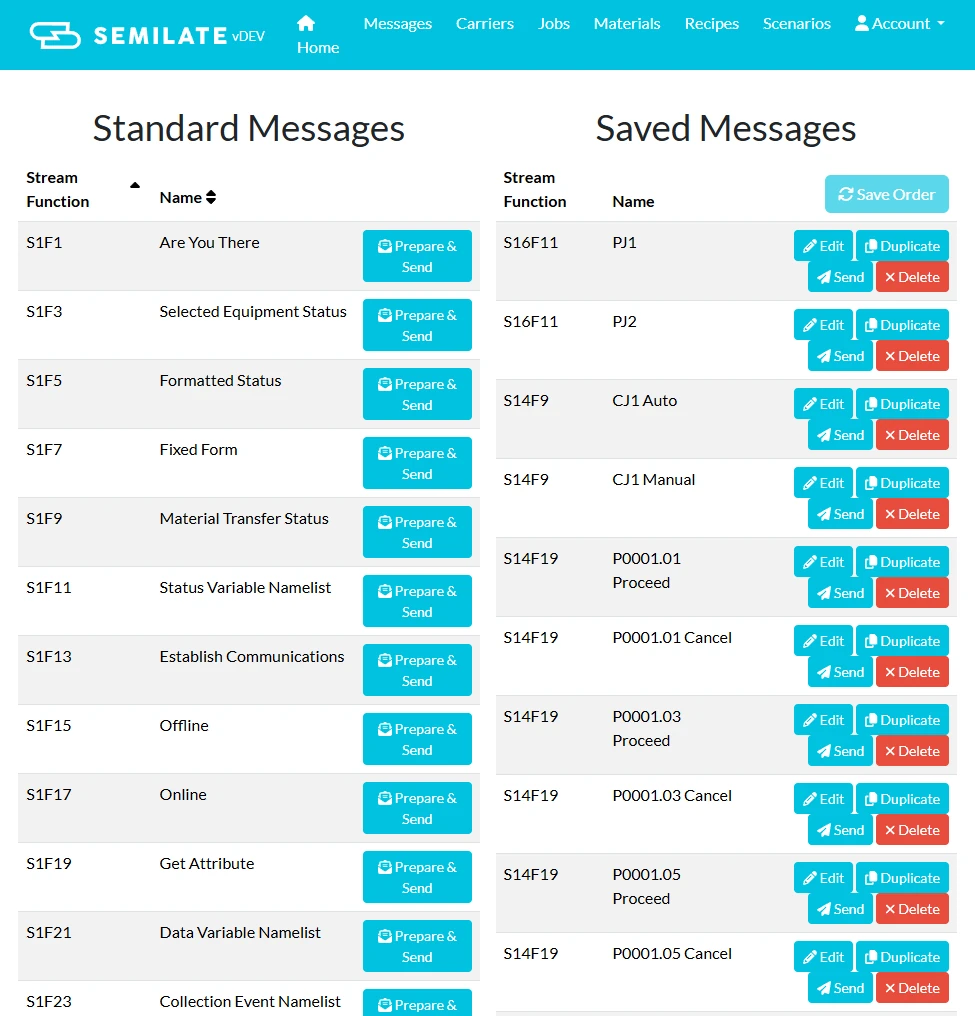 List of standard and saved SECS messages in Semilate, with options to edit, duplicate and send messages for SECS/GEM host communication.