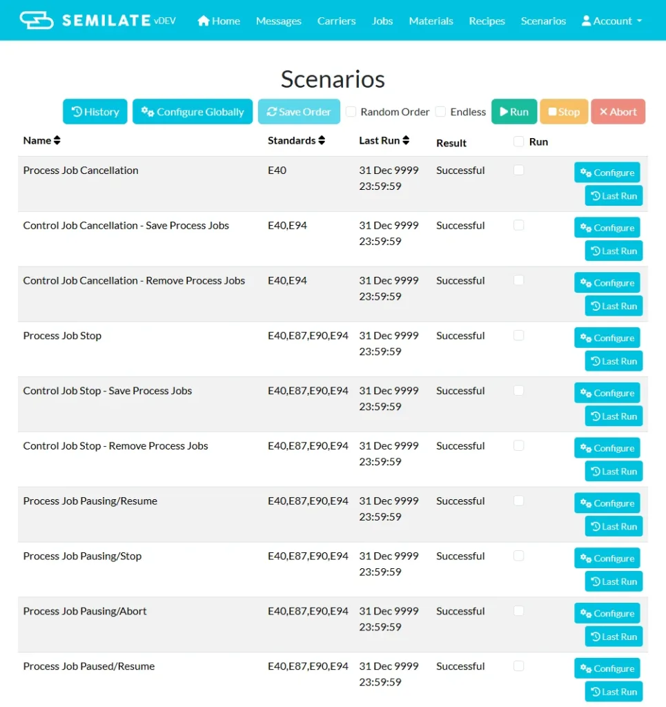 Semilate's Scenario View executing common GEM300 compliance testing scenarios.